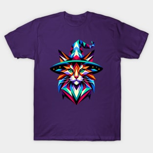 Geometric Witch Cat: Vibrant Polygon Art T-Shirt